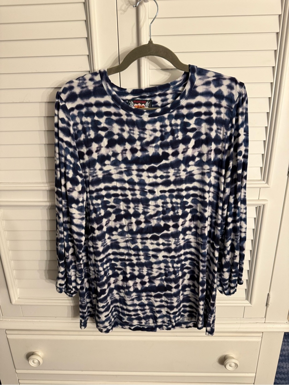 Johnny Was Blue White Tie Dye Bamboo Boho Puff Sleeve Top Size M